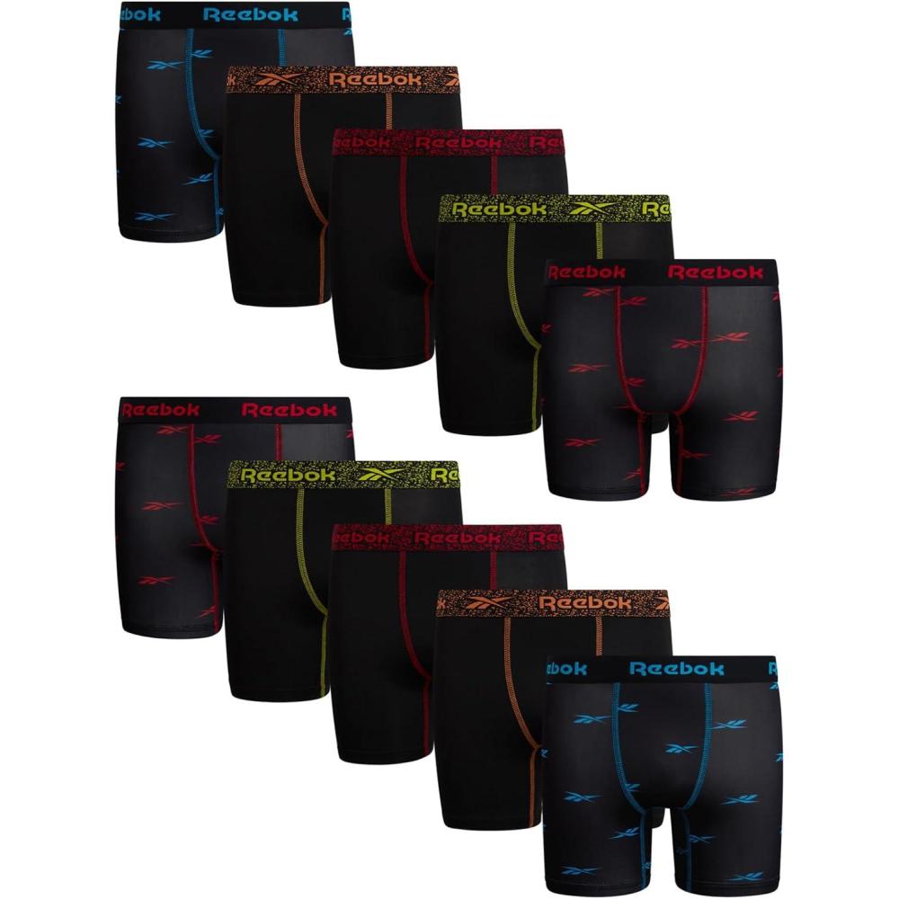 imageReebok Boys Boxer Briefs  10 Pack Performance Soft Stretch Breathable 5 Inseam Boxer Briefs Boys Underwear 618BlackBlackBlackBlack PrintBlack Print
