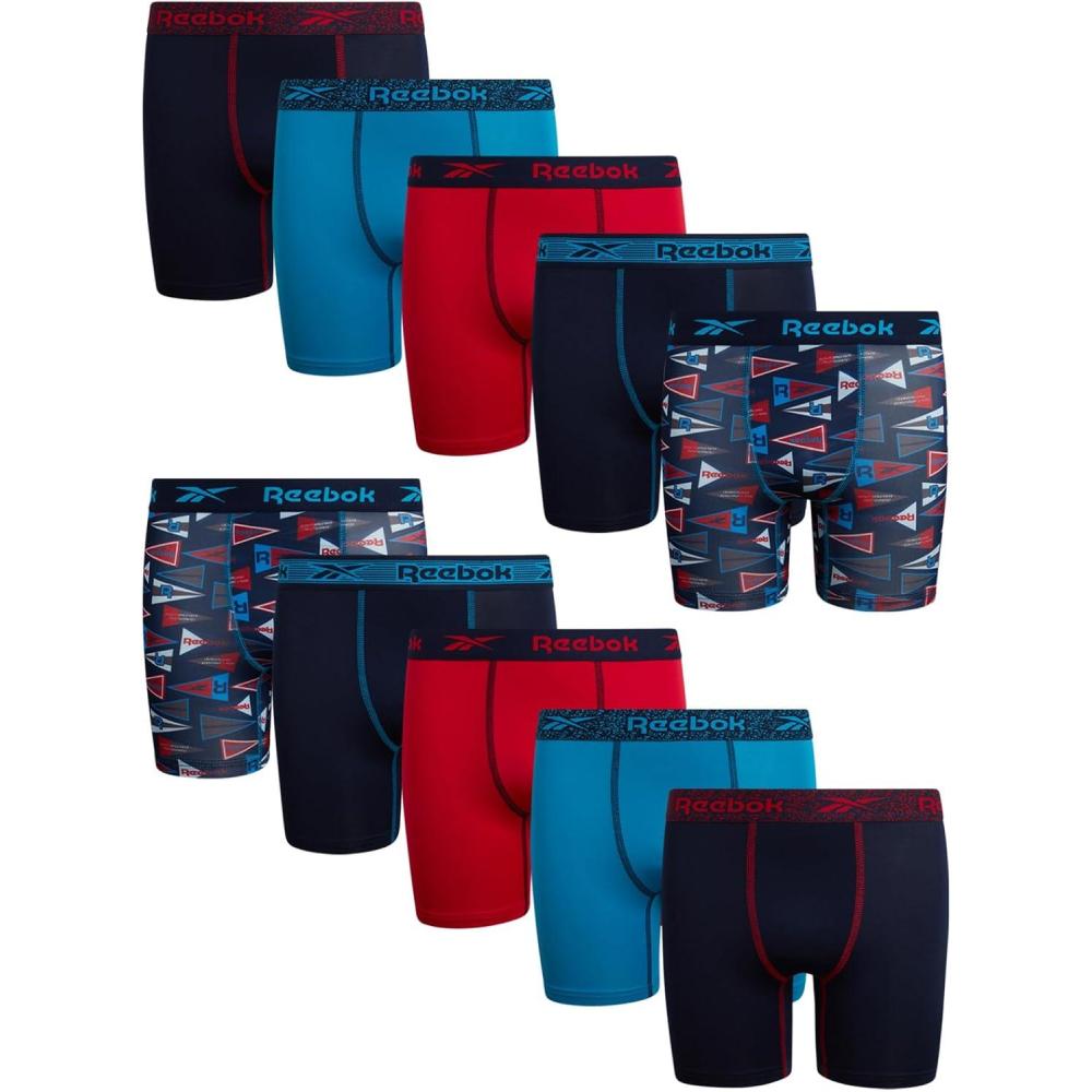 imageReebok Boys Boxer Briefs  10 Pack Performance Soft Stretch Breathable 5 Inseam Boxer Briefs Boys Underwear 618Maritime Blue PrintAtomic BlueChinese Red
