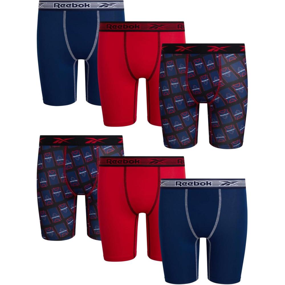 imageReebok Boys Boxer Briefs  6 Pack Performance 6 Inseam Long Leg Boxer Briefs Boys Underwear with Support Pouch 618Blue DepthsChinese RedBlack Print