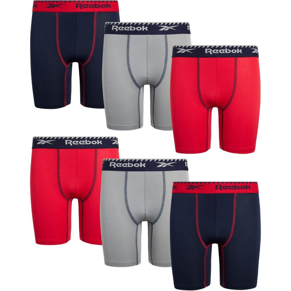 imageReebok Boys Boxer Briefs  6 Pack Performance 6 Inseam Long Leg Boxer Briefs Boys Underwear with Support Pouch 618RedLight GreyNavy