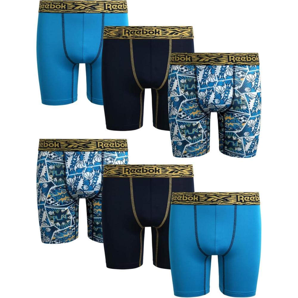 imageReebok Boys Boxer Briefs  6 Pack Performance Long Leg Boxer Briefs Boys Underwear with Support Pouch 6 Inseam 618Blue PrintMaritime BlueAzure Blue