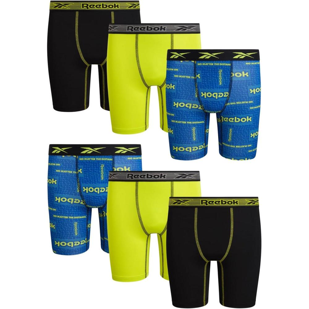 imageReebok Boys Boxer Briefs  6 Pack Performance Long Leg Boxer Briefs Boys Underwear with Support Pouch 6 Inseam 618Cobalt Blue PrintBlackCitrus Green