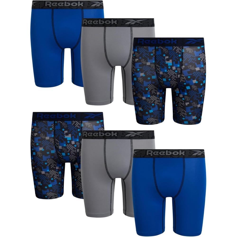 imageReebok Boys Boxer Briefs  6 Pack Performance Long Leg Boxer Briefs Boys Underwear with Support Pouch 6 Inseam 618Stone GreySurf the WebBlack Print