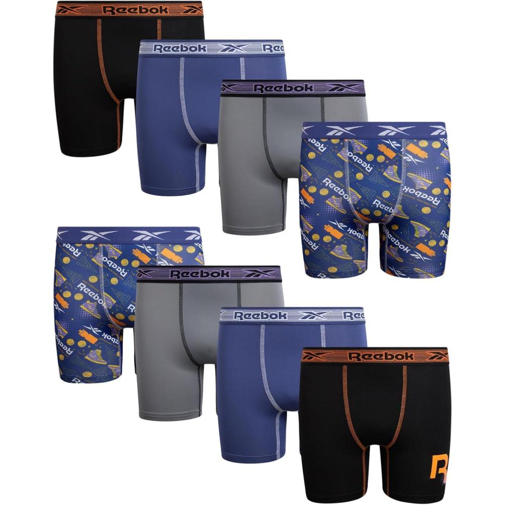 imageReebok Boys Boxer Briefs  8 Pack Performance Soft Stretch Breathable 5 Inseam Boxer Briefs Boys Underwear 618BlackSkipper BlueMonumentPrint