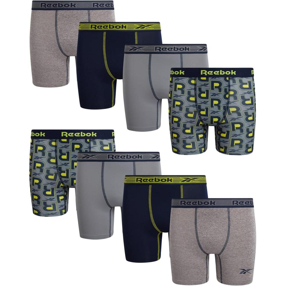 imageReebok Boys Boxer Briefs  8 Pack Performance Soft Stretch Breathable 5 Inseam Boxer Briefs Boys Underwear 618Light GreyStone GreyMaritime BluePrint