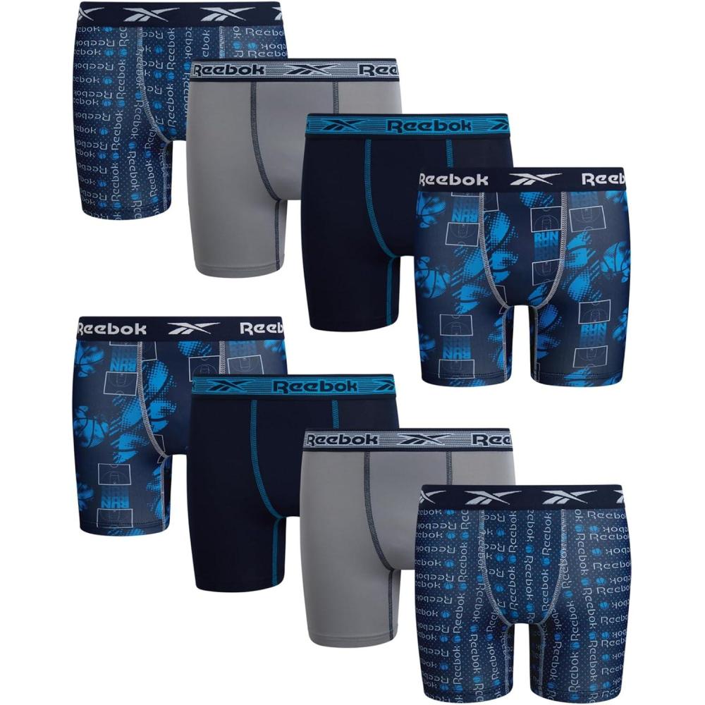 imageReebok Boys Boxer Briefs  8 Pack Performance Soft Stretch Breathable 5 Inseam Boxer Briefs Boys Underwear 618Maritime Blue PrintStone GreyAtomic Blue Print