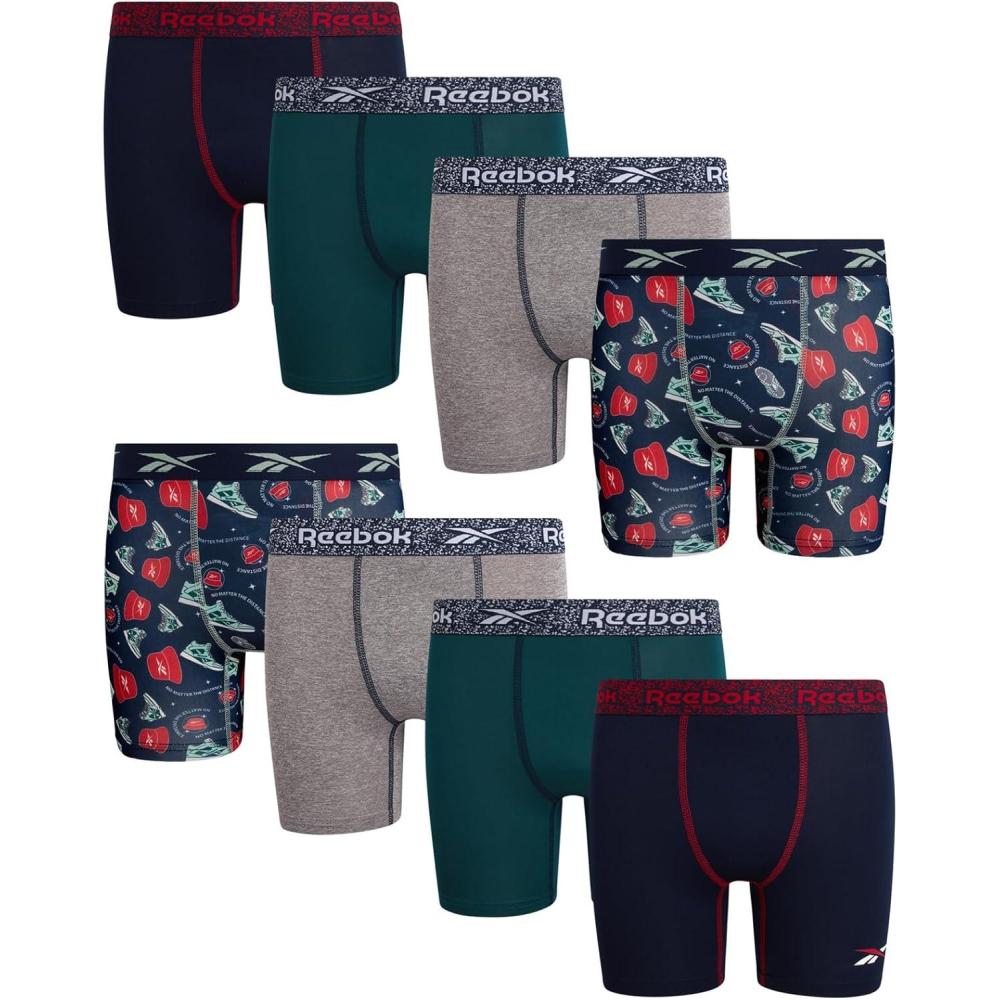 imageReebok Boys Boxer Briefs  8 Pack Performance Soft Stretch Breathable 5 Inseam Boxer Briefs Boys Underwear 618Maritime BlueLight Grey MelangeDark Sea