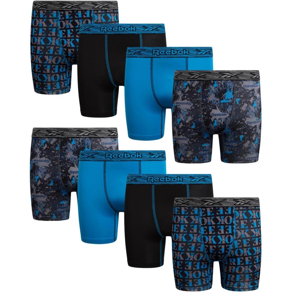 imageReebok Boys Boxer Briefs  8 Pack Performance Soft Stretch Breathable 5 Inseam Boxer Briefs Boys Underwear 618PrintBlue DanubeBlackBlue Danube Print