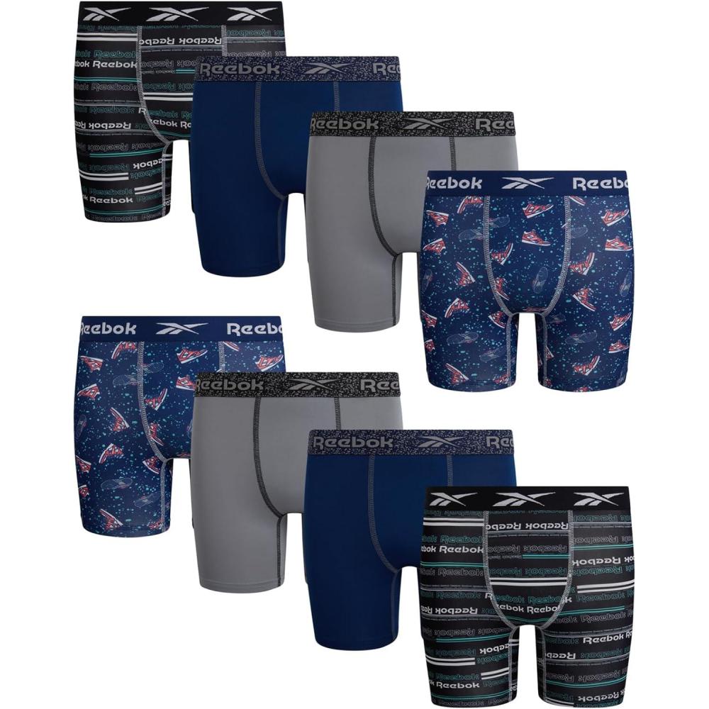 imageReebok Boys Boxer Briefs  8 Pack Performance Soft Stretch Breathable 5 Inseam Boxer Briefs Boys Underwear 618PrintStone GreyBlue DepthsBlack Print