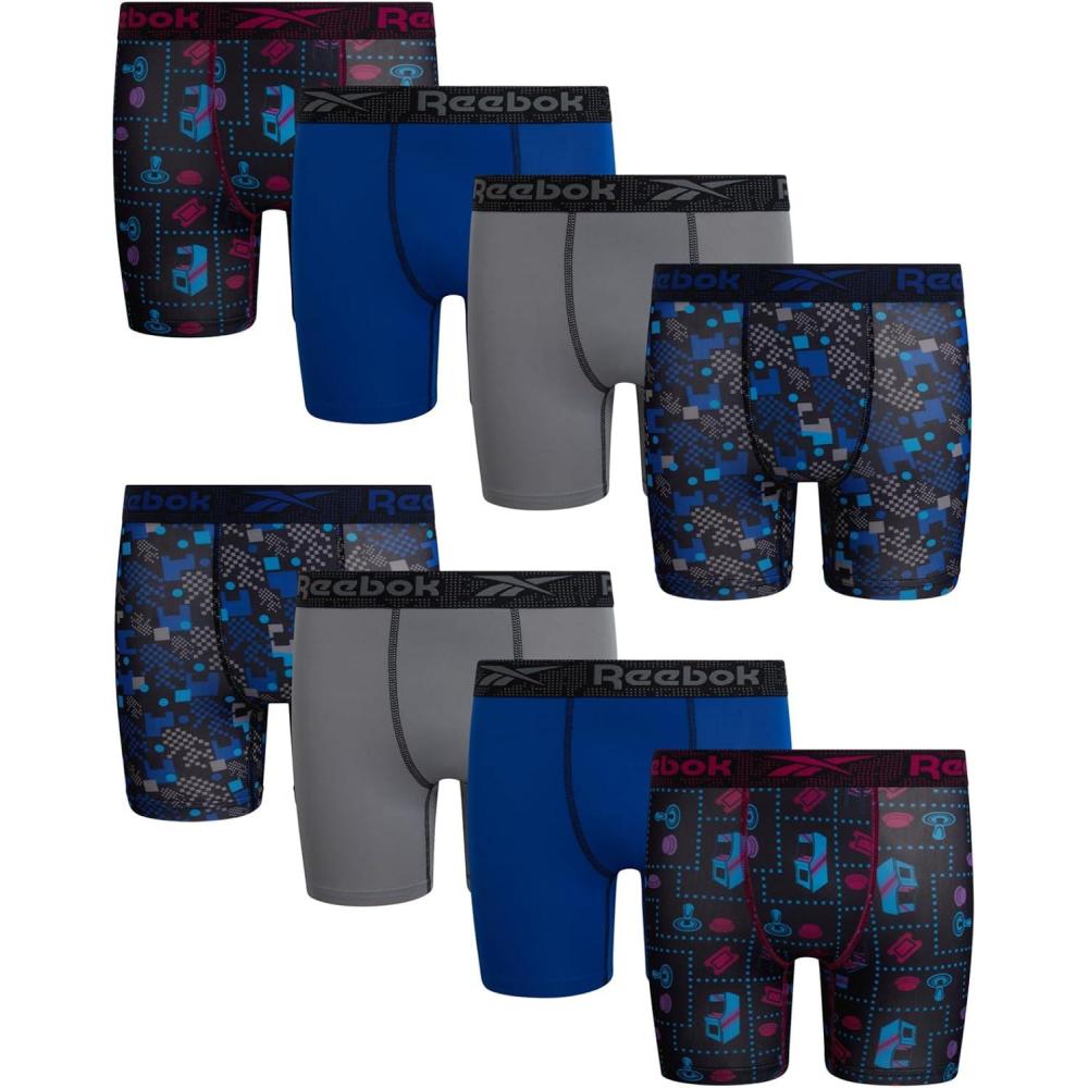 imageReebok Boys Boxer Briefs  8 Pack Soft Comfort Performance Stretch Breathable 5 Inseam Boxer Briefs Boys Underwear 618Black PrintStone GreySurf the Web