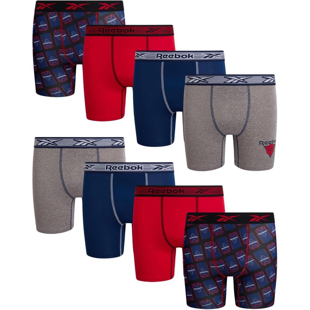 imageReebok Boys Boxer Briefs  8 Pack Soft Comfort Performance Stretch Breathable 5 Inseam Boxer Briefs Boys Underwear 618Light Grey MelangeBlue DepthsChinese RedPrint