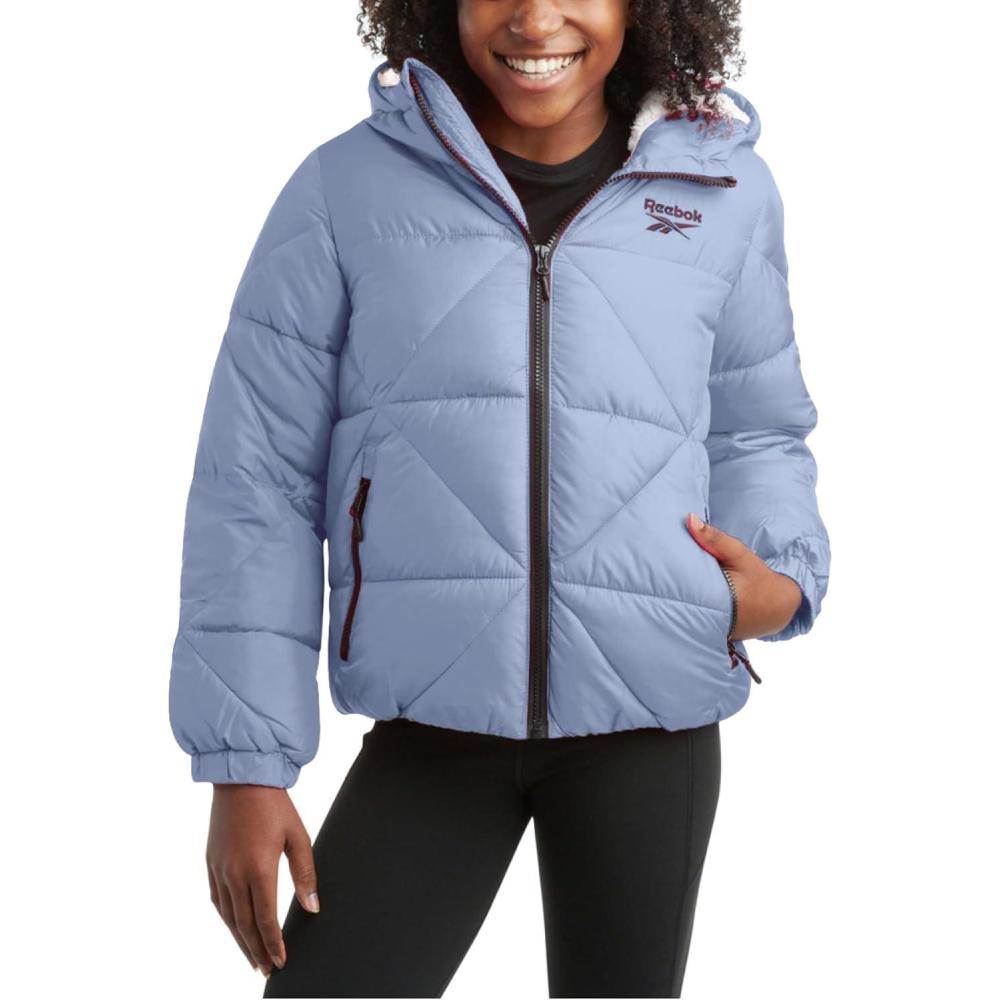 imageReebok Girls Winter Coat  Heavyweight Quilted Sherpa Fur Lined Cropped Parka Puffer Jacket  Warm Winter Coats for GirlsHaze Blue