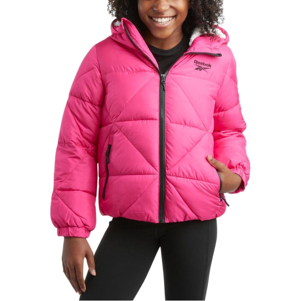 imageReebok Girls Winter Coat  Heavyweight Quilted Sherpa Fur Lined Cropped Parka Puffer Jacket  Warm Winter Coats for GirlsProud Pink