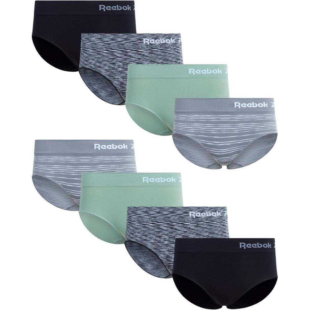 imageReebok Hipster Panties for Women  8 Pack Stretch Performance Seamless Underwear with Relaxed Tagless Waist SXLSharkskinLilyBlack