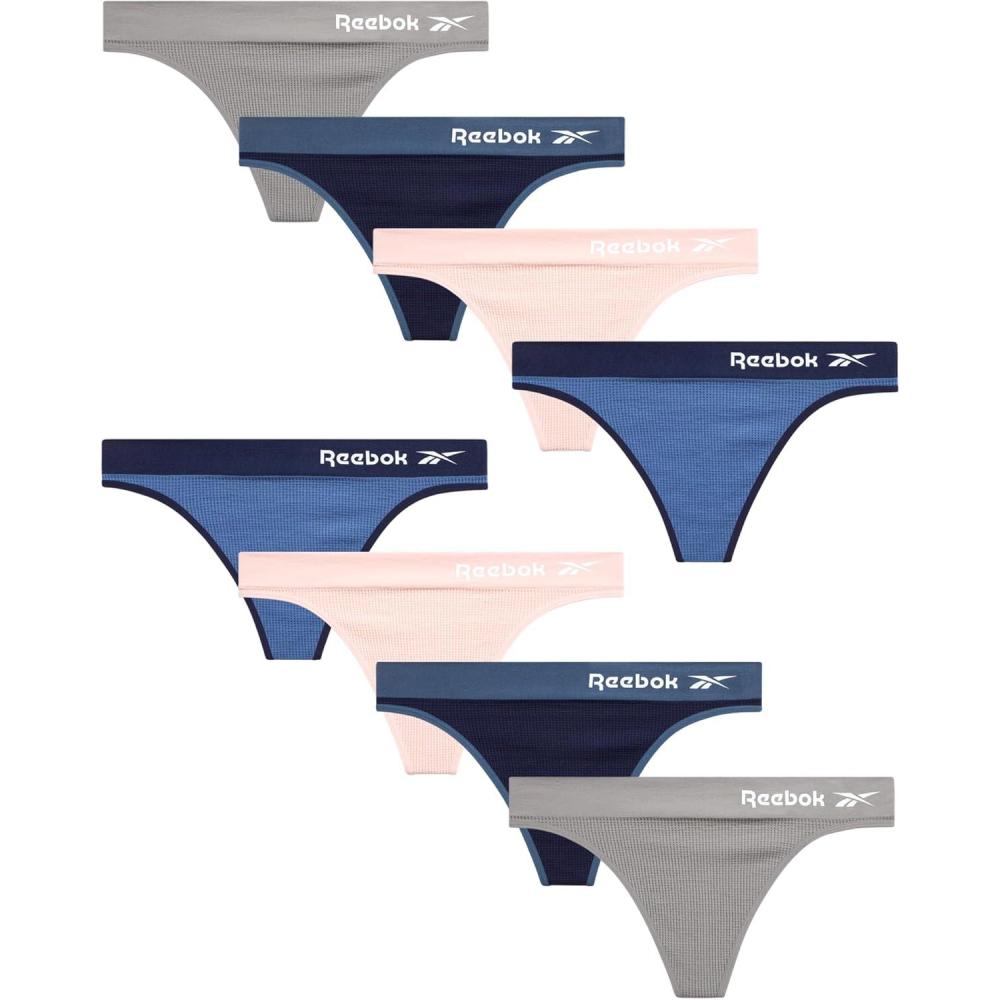 imageReebok Womens Thongs  8 Pack Performance Stretch GString Thongs for Women  Breathable No Show Sexy Lingerie UnderwearCoronet BlueLotusSharkskinEvening Blue