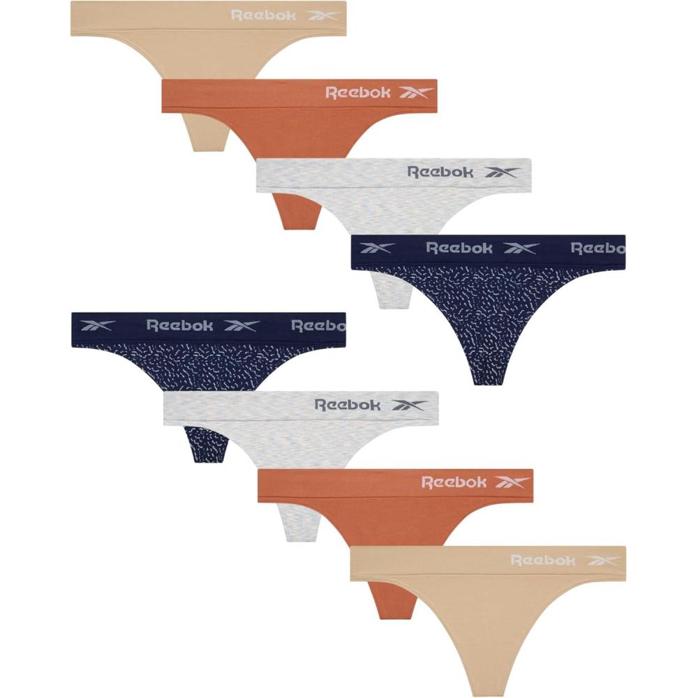 imageReebok Womens Thongs  8 Pack Performance Stretch GString Thongs for Women  Breathable No Show Sexy Lingerie UnderwearTanClayNatural SpacedyeEvening BlueJacquard