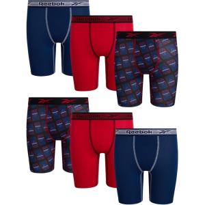 imageReebok Boys Boxer Briefs  6 Pack Performance 6 Inseam Long Leg Boxer Briefs Boys Underwear with Support Pouch 618Blue DepthsChinese RedBlack Print