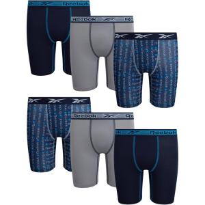 imageReebok Boys Boxer Briefs  6 Pack Performance 6 Inseam Long Leg Boxer Briefs Boys Underwear with Support Pouch 618Maritime BlueStone GreyAtomic Blue Print