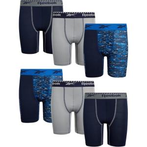 imageReebok Boys Boxer Briefs  6 Pack Performance Long Leg Boxer Briefs Boys Underwear with Support Pouch 6 Inseam 618Blue PrintGreyNavy