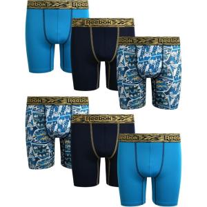imageReebok Boys Boxer Briefs  6 Pack Performance Long Leg Boxer Briefs Boys Underwear with Support Pouch 6 Inseam 618Blue PrintMaritime BlueAzure Blue