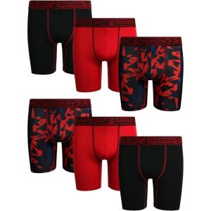imageReebok Boys Boxer Briefs  6 Pack Performance Long Leg Boxer Briefs Boys Underwear with Support Pouch 6 Inseam 618Red PrintBlackRed