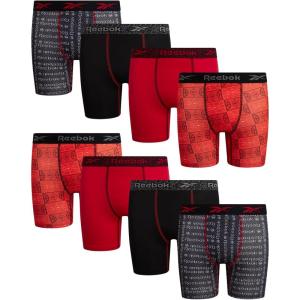 imageReebok Boys Boxer Briefs  8 Pack Performance Soft Stretch Breathable 5 Inseam Boxer Briefs Boys Underwear 618Black PrintChinese RedTangerine Print