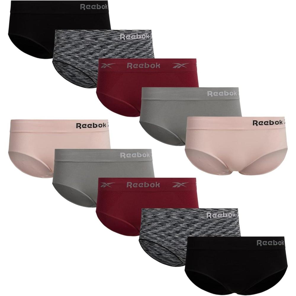 imageReebok Hipster Panties for Women  10 Pack Stretch Performance Seamless Underwear with Relaxed Tagless Waist Sizes SXLBlackBlack SpacedyeBurgundyHeather GreyRose Pink