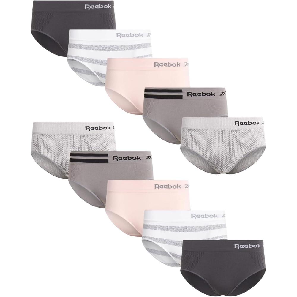 imageReebok Hipster Panties for Women  10 Pack Stretch Performance Seamless Underwear with Relaxed Tagless Waist Sizes SXLJacquard WhiteStripe Lotus BlackenedPearlsharkskin