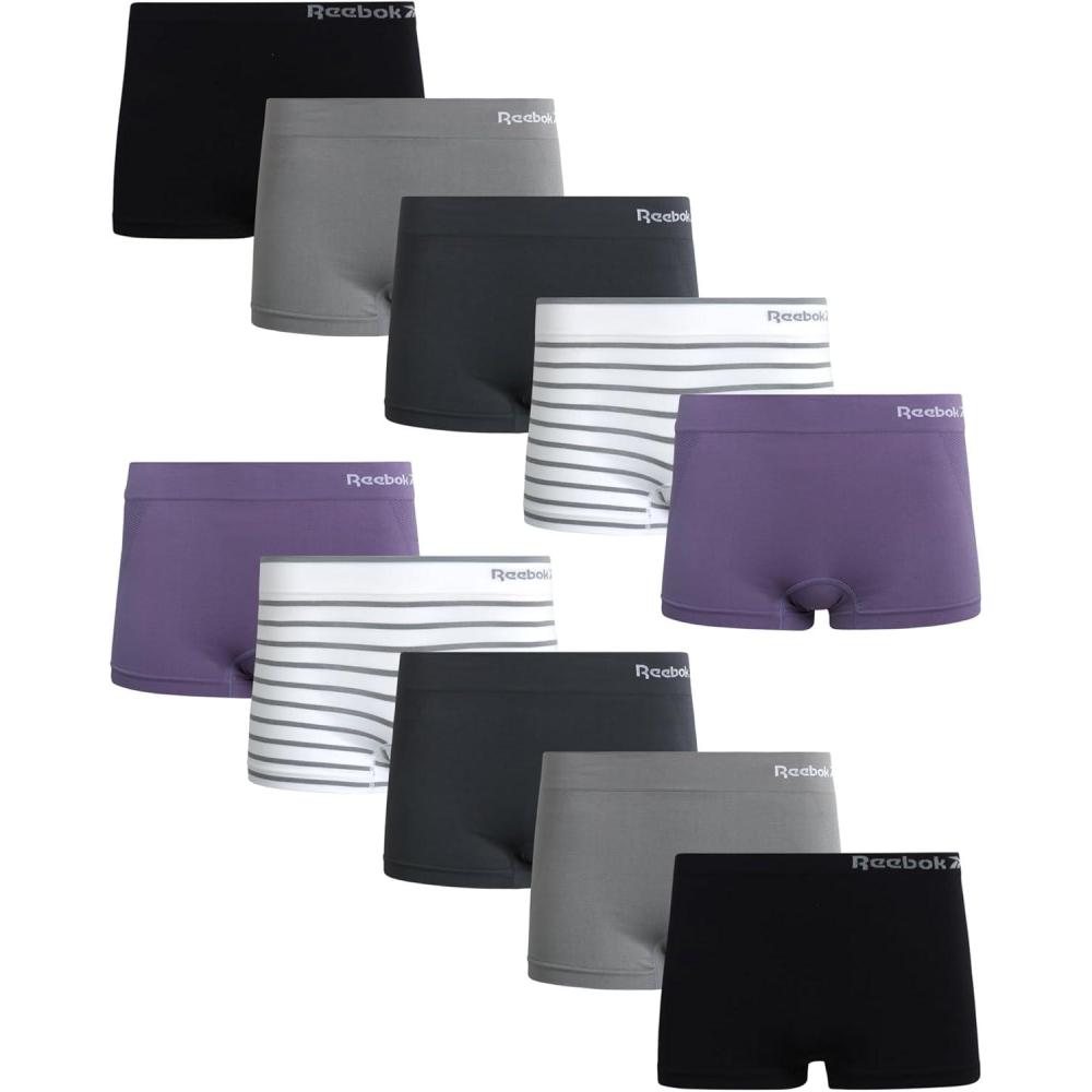 imageReebok Womens Boyshorts Underwear  10 Pack Stretch Performance Seamless Underwear for Women 4 Inseam Tagless WaistbandWhite StripeCadetSharkskinBlackened PearlBlack
