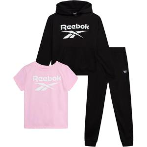 imageReebok Girls Pants Set  3 Piece Soft Fleece Pullover Hoodies Short Sleeve Graphic Tee and Jogger Sweatpants Sweatsuit SetBlack