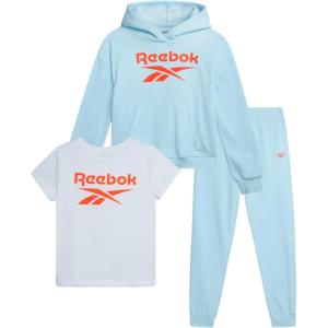 imageReebok Girls Pants Set  3 Piece Soft Fleece Pullover Hoodies Short Sleeve Graphic Tee and Jogger Sweatpants Sweatsuit SetCrystal Blue