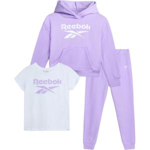 imageReebok Girls Pants Set  3 Piece Soft Fleece Pullover Hoodies Short Sleeve Graphic Tee and Jogger Sweatpants Sweatsuit SetLavender