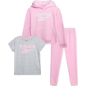 imageReebok Girls Pants Set  3 Piece Soft Fleece Pullover Hoodies Short Sleeve Graphic Tee and Jogger Sweatpants Sweatsuit SetPink