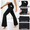 imageWomens Flare Leggings with PocketsCrossover High Waisted Bootcut Yoga PantsTummy Control Bell Bottom LeggingsBlack