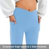 imageWomens Flare Leggings with PocketsCrossover High Waisted Bootcut Yoga PantsTummy Control Bell Bottom LeggingsBlue