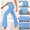 imageWomens Flare Leggings with PocketsCrossover High Waisted Bootcut Yoga PantsTummy Control Bell Bottom LeggingsBlue