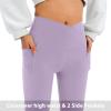 imageWomens Flare Leggings with PocketsCrossover High Waisted Bootcut Yoga PantsTummy Control Bell Bottom LeggingsPurple