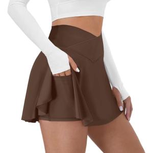 imageTennis Skirt for Women with Pockets Shorts Crossover High Waisted Athletic Golf Skorts Running Workout Skirts 2 in 1Brown