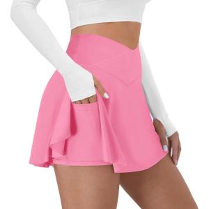 imageTennis Skirt for Women with Pockets Shorts Crossover High Waisted Athletic Golf Skorts Running Workout Skirts 2 in 1Hot Pink