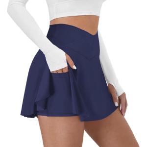 imageTennis Skirt for Women with Pockets Shorts Crossover High Waisted Athletic Golf Skorts Running Workout Skirts 2 in 1Navy Blue