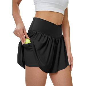 imageWomens Athletic Running Shorts with Pockets Crossover Butterfly Flowy Shorts Cute Summer SkortsBlack