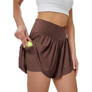 imageWomens Athletic Running Shorts with Pockets Crossover Butterfly Flowy Shorts Cute Summer SkortsBrown