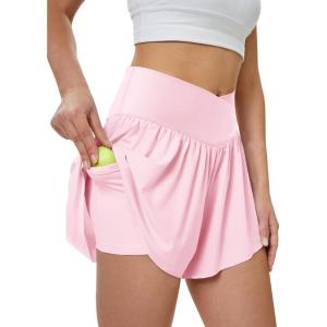 imageWomens Athletic Running Shorts with Pockets Crossover Butterfly Flowy Shorts Cute Summer SkortsPink