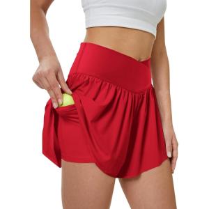 imageWomens Athletic Running Shorts with Pockets Crossover Butterfly Flowy Shorts Cute Summer SkortsRed