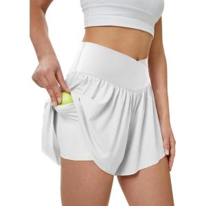 imageWomens Athletic Running Shorts with Pockets Crossover Butterfly Flowy Shorts Cute Summer SkortsWhite