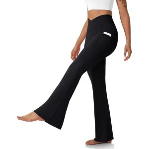 imageWomens Flare Leggings with PocketsCrossover High Waisted Bootcut Yoga PantsTummy Control Bell Bottom LeggingsBlack
