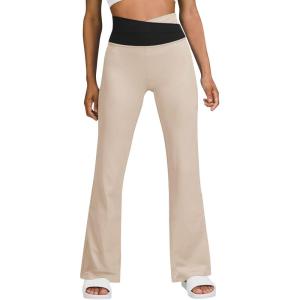 imageWomens Flare Leggings with PocketsCrossover High Waisted Bootcut Yoga PantsTummy Control Bell Bottom LeggingsBlackkhaki