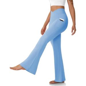 imageWomens Flare Leggings with PocketsCrossover High Waisted Bootcut Yoga PantsTummy Control Bell Bottom LeggingsBlue