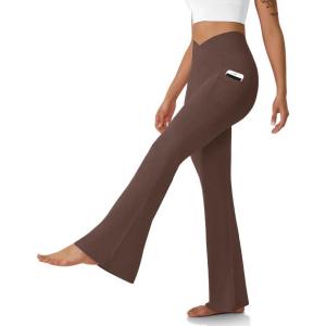 imageWomens Flare Leggings with PocketsCrossover High Waisted Bootcut Yoga PantsTummy Control Bell Bottom LeggingsBrown