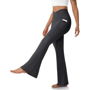 imageWomens Flare Leggings with PocketsCrossover High Waisted Bootcut Yoga PantsTummy Control Bell Bottom LeggingsDark Gray
